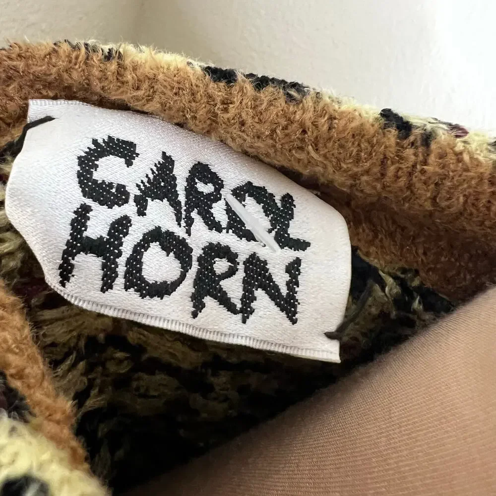 70s Carol Horn Sweater Jacket Large Womens Leopard Chenille Knit Wood Button Vtg